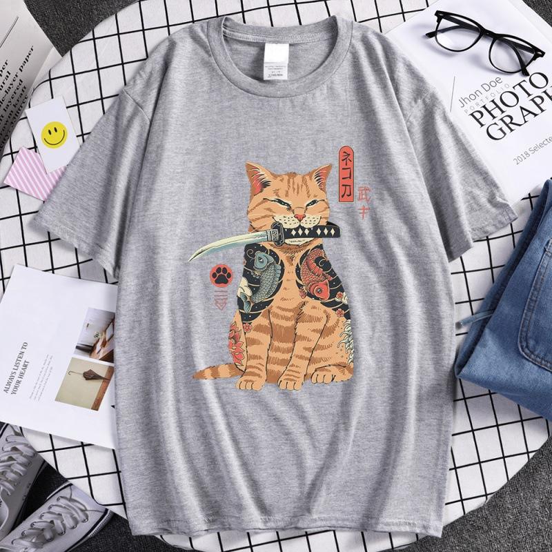 Summer Unisex 100 Cotton Shortsleeved Breathable Samurai Cat Personalized Print Tshirt For Casual And Loose Fit Hiphop Style