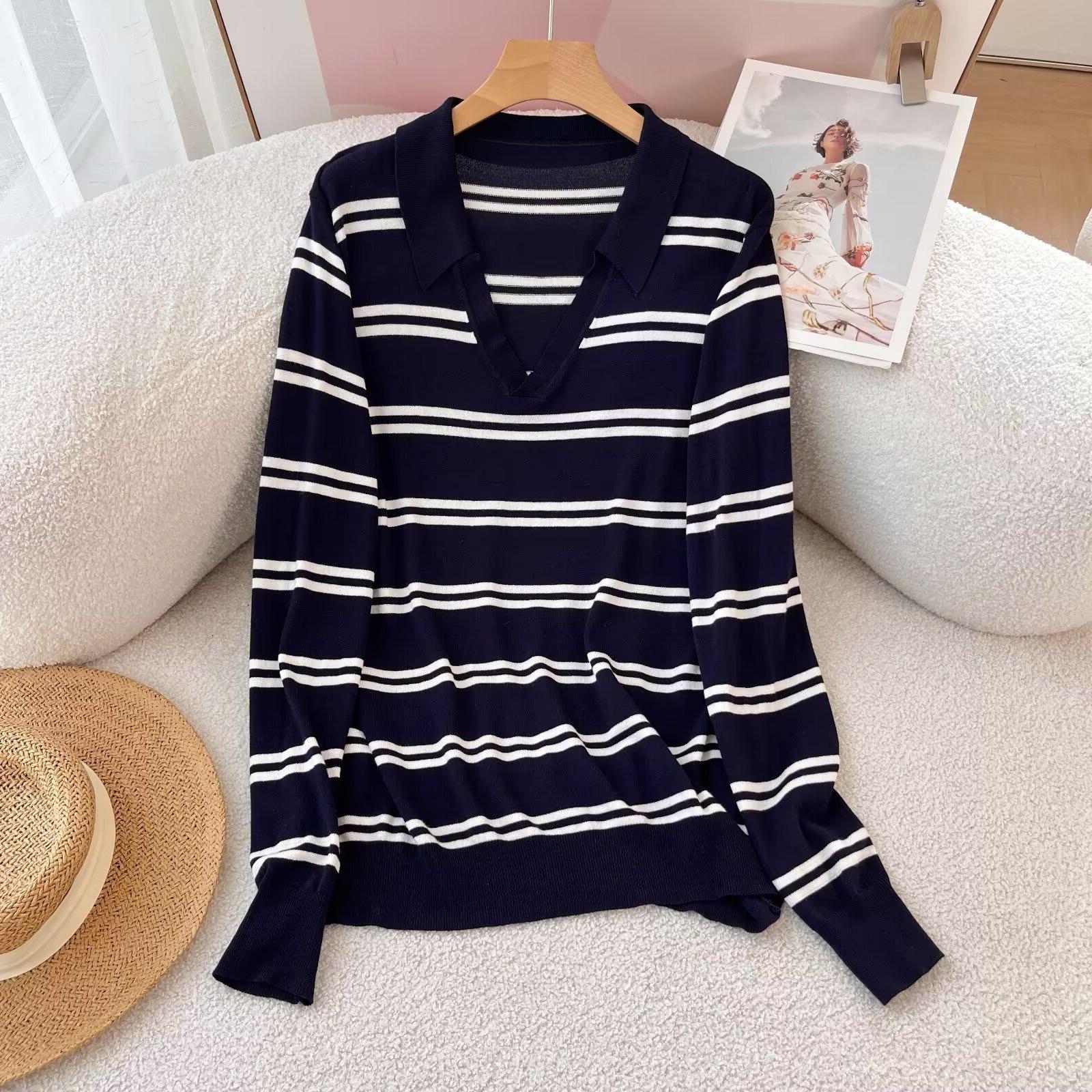 

Early Spring Women s Striped Polo Collar Knit Sweater Small