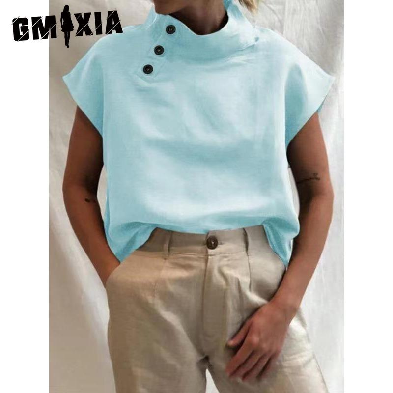 

GMXIA Женские модные повседневные однотонные блузки и рубашки с короткими рукавами и принтом XXXXXL светло-синий