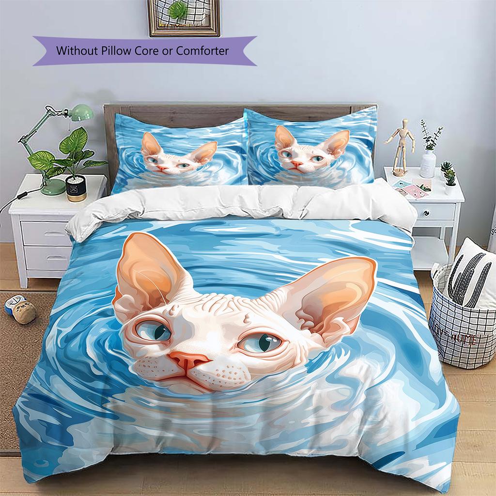 Cat with Water Ripple Pattern Pattern Bedding Quilt Set  Home Decoration  Gift (1 * duvet cover + 2 * pillowcase  without core)