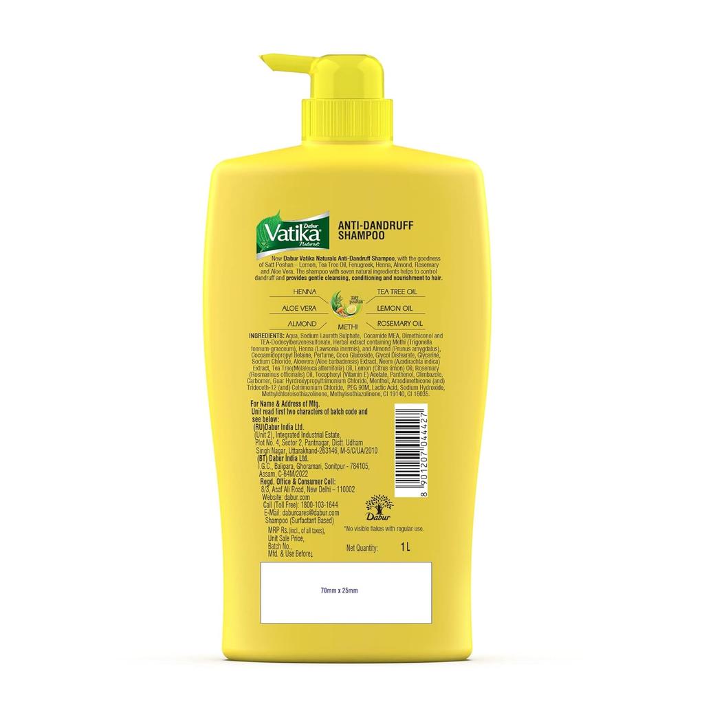 Dabur Vatika Lemon Anti-Dandruff Shampoo 1L | Reduces Dandruff, Nourishes Scalp & Hair | Gentle Cleansing With Lemon, Methi & Natural Oils