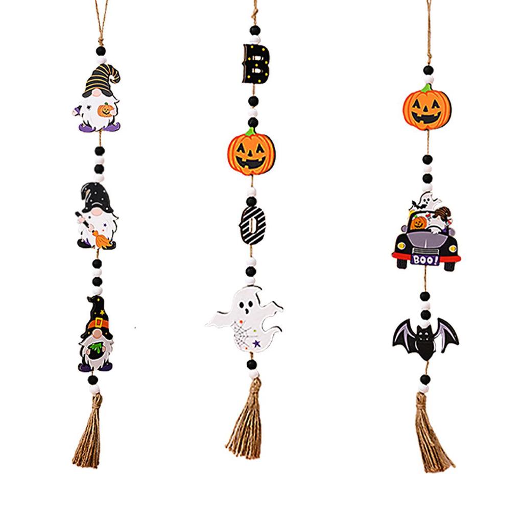 Ming Guan Wooden Halloween Sign: Ghost Festival Beaded String with Pumpkin & Bat Pendant for Home or Party Decor
