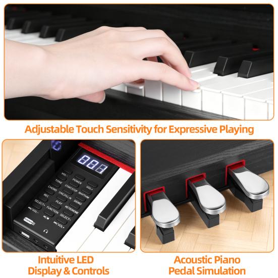 Piano Digitale Compatibile Bluetooth 88 Tasti con Triplo Pedale e MIDI USB, Tasti Sensibili al Tocco, 88 Tasti Pesati Jack Cuffie, Schermo LED,