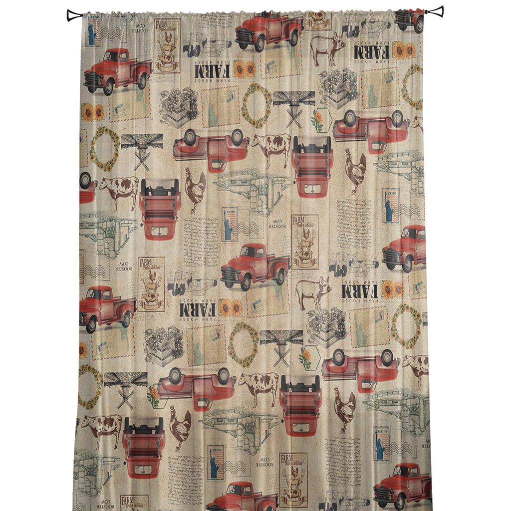 Farmhouse Truck Cows Rooster Curtain For Living Room Transparent Tulle Curtains Window Sheer For The Bedroom Accessories Decor