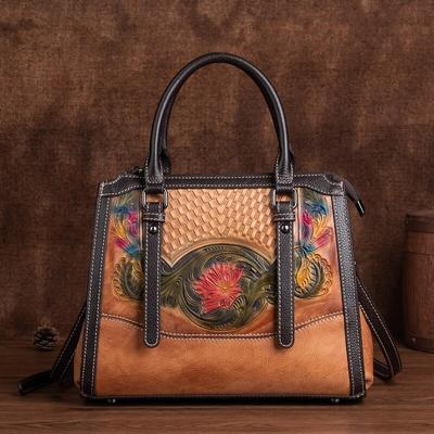 Sac Vintage pour Femmes 2024 Hiver Fleur Cuir Véritable Fait Main en Relief Sac à Main Nature Cuir de Vache Sacs Fourre-tout