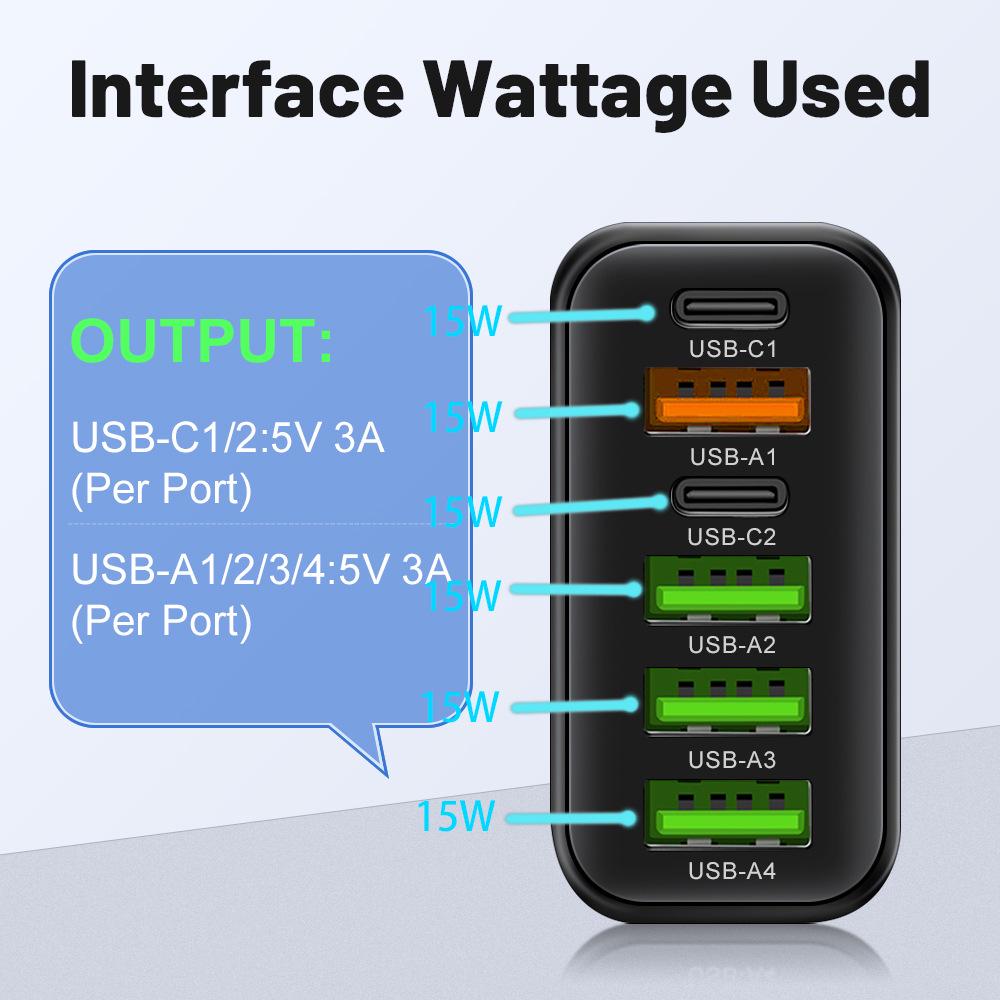 Multi-Port Charger: 2 Type-C PD + 4 USB Ports, 3.1A, Ideal for Travel