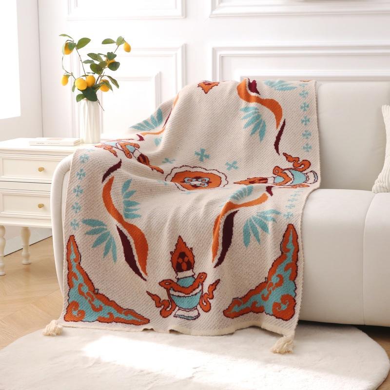 Blanket Multifunctional Boho Knitted Throw Vintage Wave Tassel Blanket for Sofa Couch Window Seat Lightweight Nap Air Conditioning Blanket