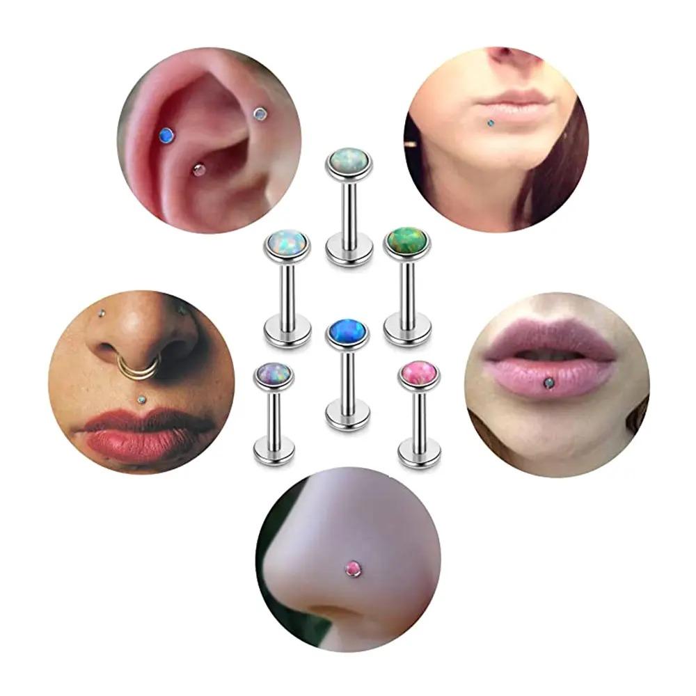 3pc 3/4/5mm Opal Internally Threaded Labret Ring Set 6-12mm Steel Bar Nose Ear Tragus Monroe Lip Stud Piercing