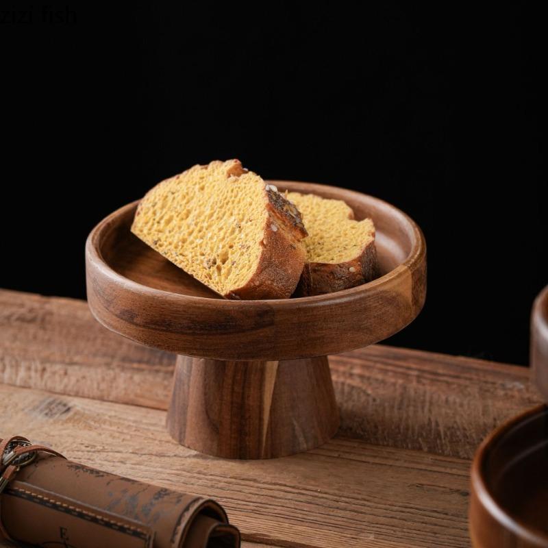 Wooden High Footed Cake Tray Fruit Plate Salad Bowl Dessert Plates Cake Stand Display Rack Dim Sum Dish Pastry Plate Snack Tray