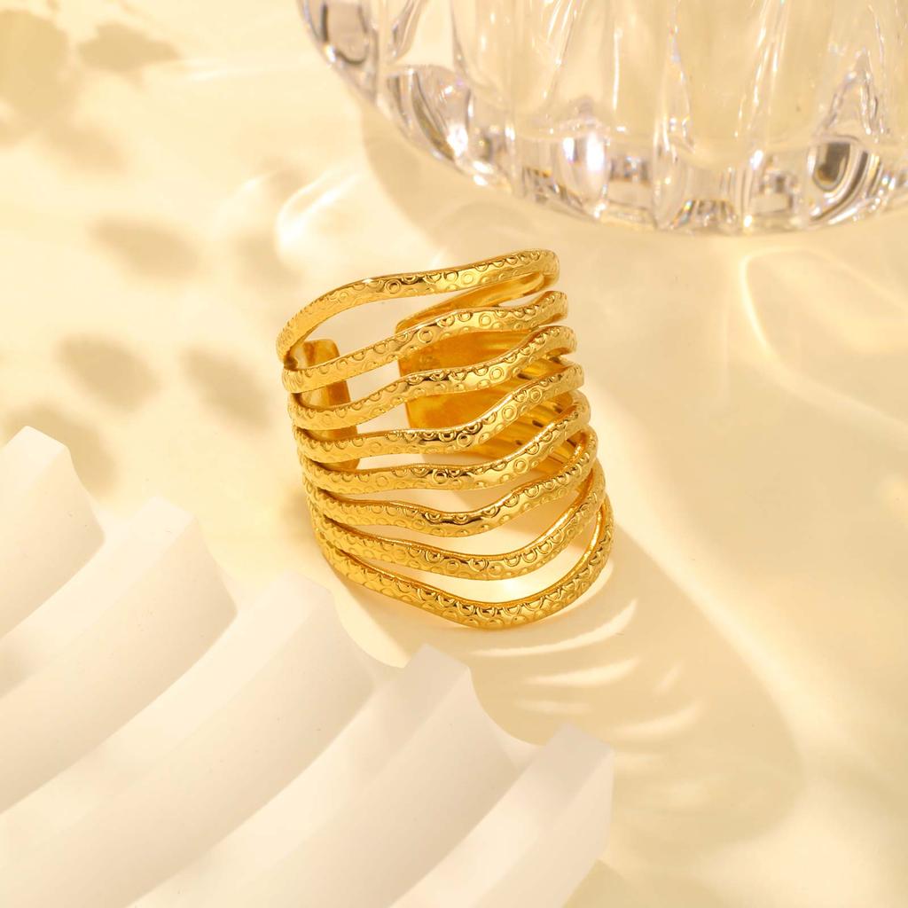 Irregular Texture Wave Opening Ring,Gold Color Stainless Steel Geometric Rings,Women's Jewelry Accessories Gifts