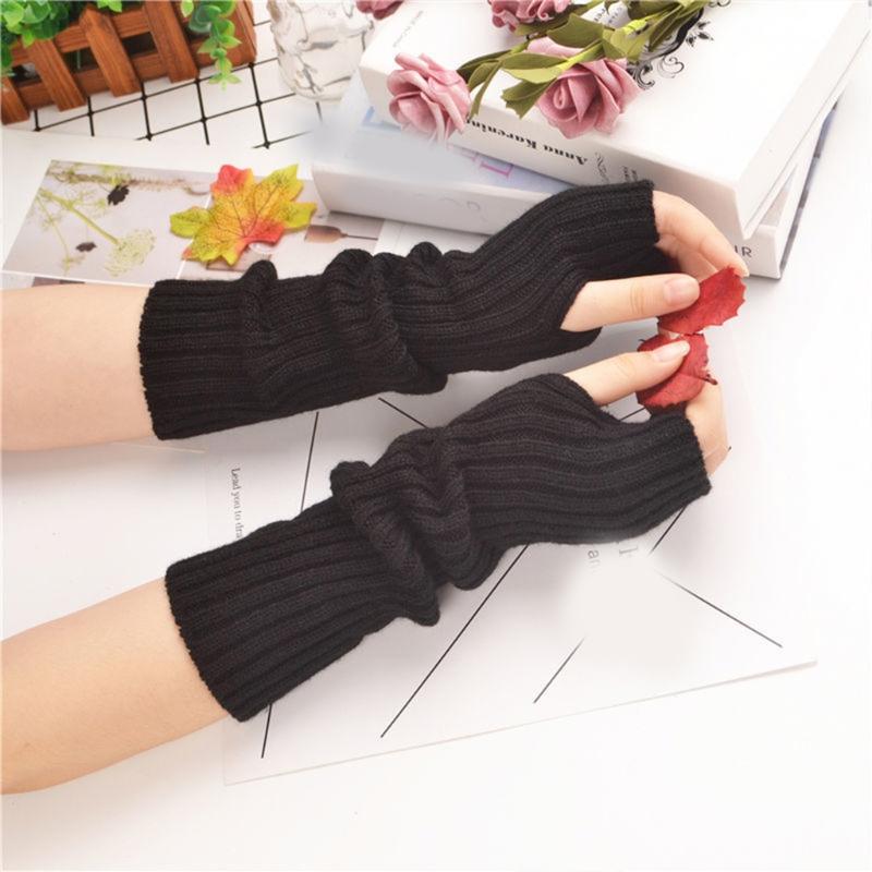 Long Fingerless Gloves Knitted Arm Sleeves Stretchy Arm Cover Thumb Hole Mittens