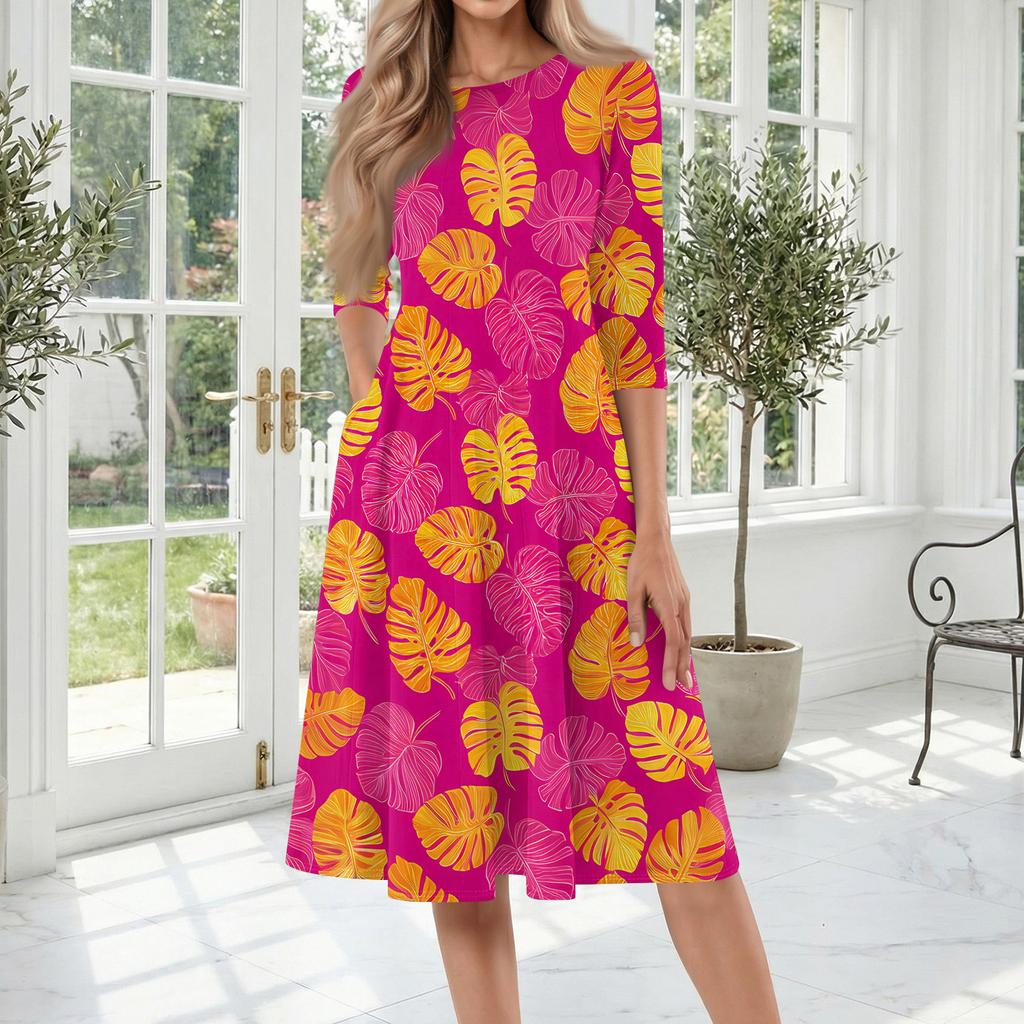 Women's Casual Fashion Round Neck Three Quarter Sleeve Printed Midi Dress