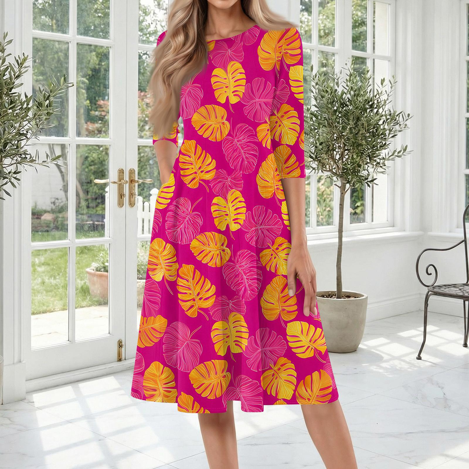 

Women s Casual Fashion Round Neck Three Quarter Sleeve Printed Midi Dress XL