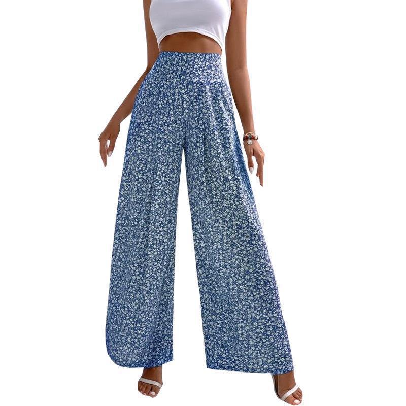 

2026 Floral High Waist Loose Casual Trousers with Prints Large синий