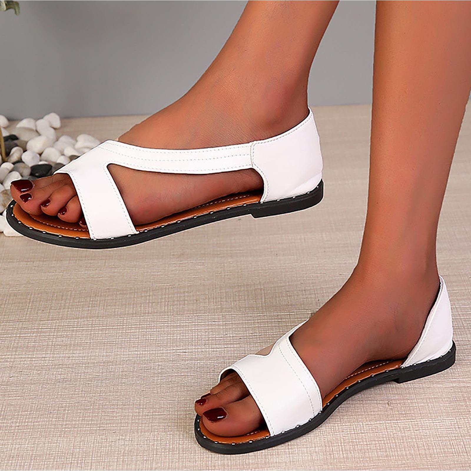 

Large Fish Mouth One Line Flat Bottom Open Toe Retro Roman Women s Shoes 43 білий