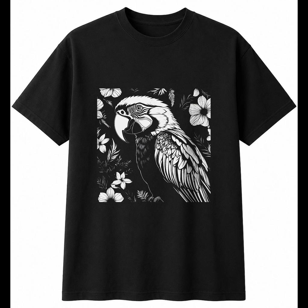 Charcoal Macaw with Flowers Bird Mens T-Shirt Black 100% Cotton Nature Printed