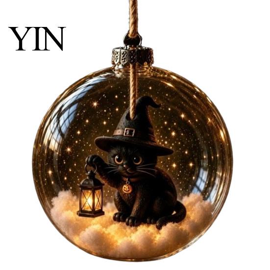 Festive Hanging Decoration Halloween Clear Ball Decoration, Glowing Sphere Ornament with Skeleton, Pendants Pumpkin, Spider Web, Black Cat Decor,