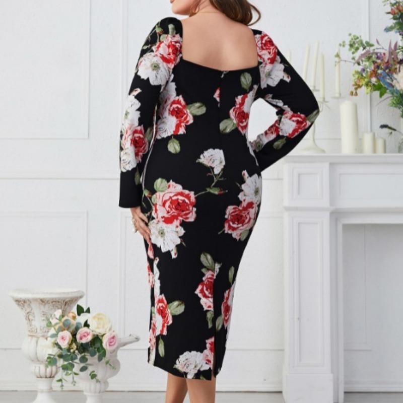 Women's Vintage Long Sleeve Dresses Square Neck Plus Size for Female Slim Bodycon Dress Fashion Flower Printing Dress Elegant Party Dress