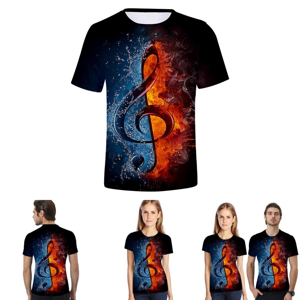 Stylish Mens Ice Fire Music Note 3d Printed Short-sleeved O-neck Casual Tee