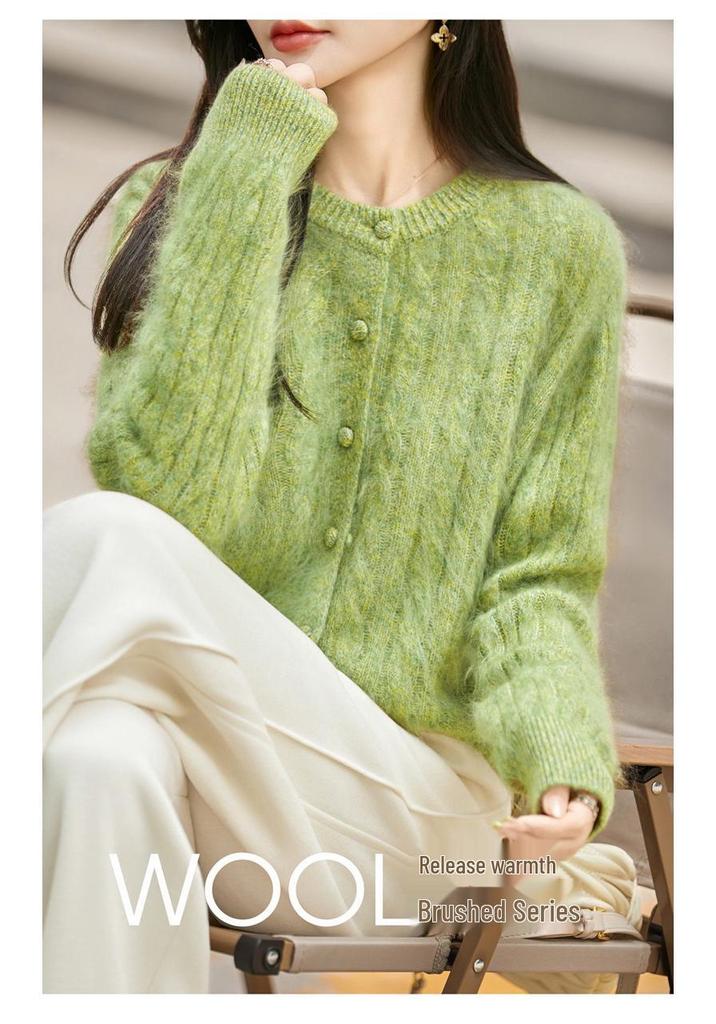 2026 Autumn/Winter Women's Cashmere Wool Cable Knit Cardigan - Brushed Yarn, Round Neck, Long Sleeve Sweater