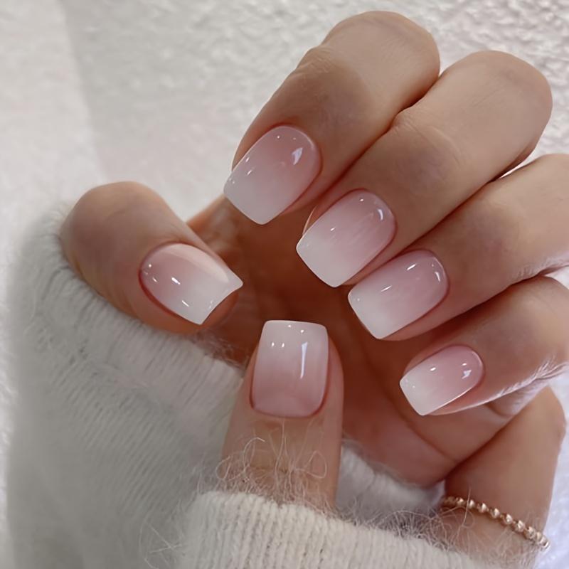 96pcs(4 Colors) Short Square Press On Nails Acrylic Short Fake Nails Full Cover White French Tip Glitter Nail Gel Fake Nails