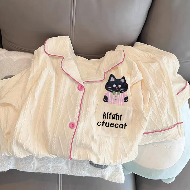 

Молочный кружащийся кот брюки с длинным рукавом имитация хлопка пижама женская весна новинка жаккард можно носить на улице костюм для дома 2XL [Recommended 130-72.5kg]