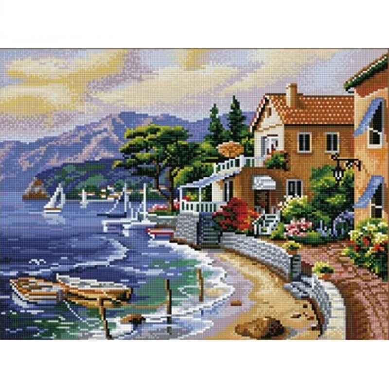 

Полный круглый дрель алмазная живопись вышивка крестом приморские дома пейзаж DIY Алмазная вышивка крестиком домашний декор