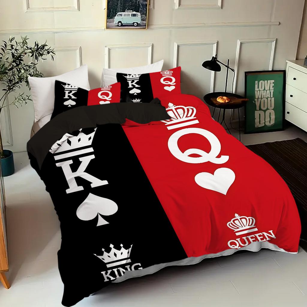 King Queen'S Crown 3D Print Quilt Cover Black Red Color Match Couple Style Bedding Set Home Soft Textiles Duvet Cover Pillowcase
