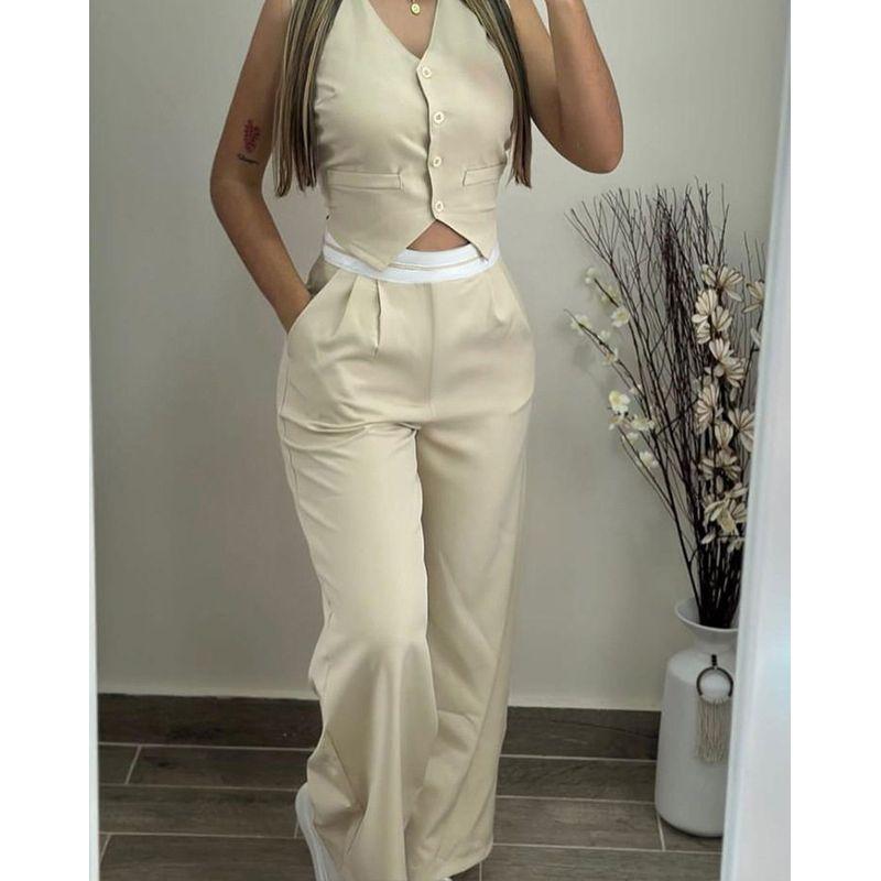 

2024 Summer Amazon European and American Cross-Border Women s Clothing Color-Blocked Waistband Patchwork Commuter Casual Suit Off-White L