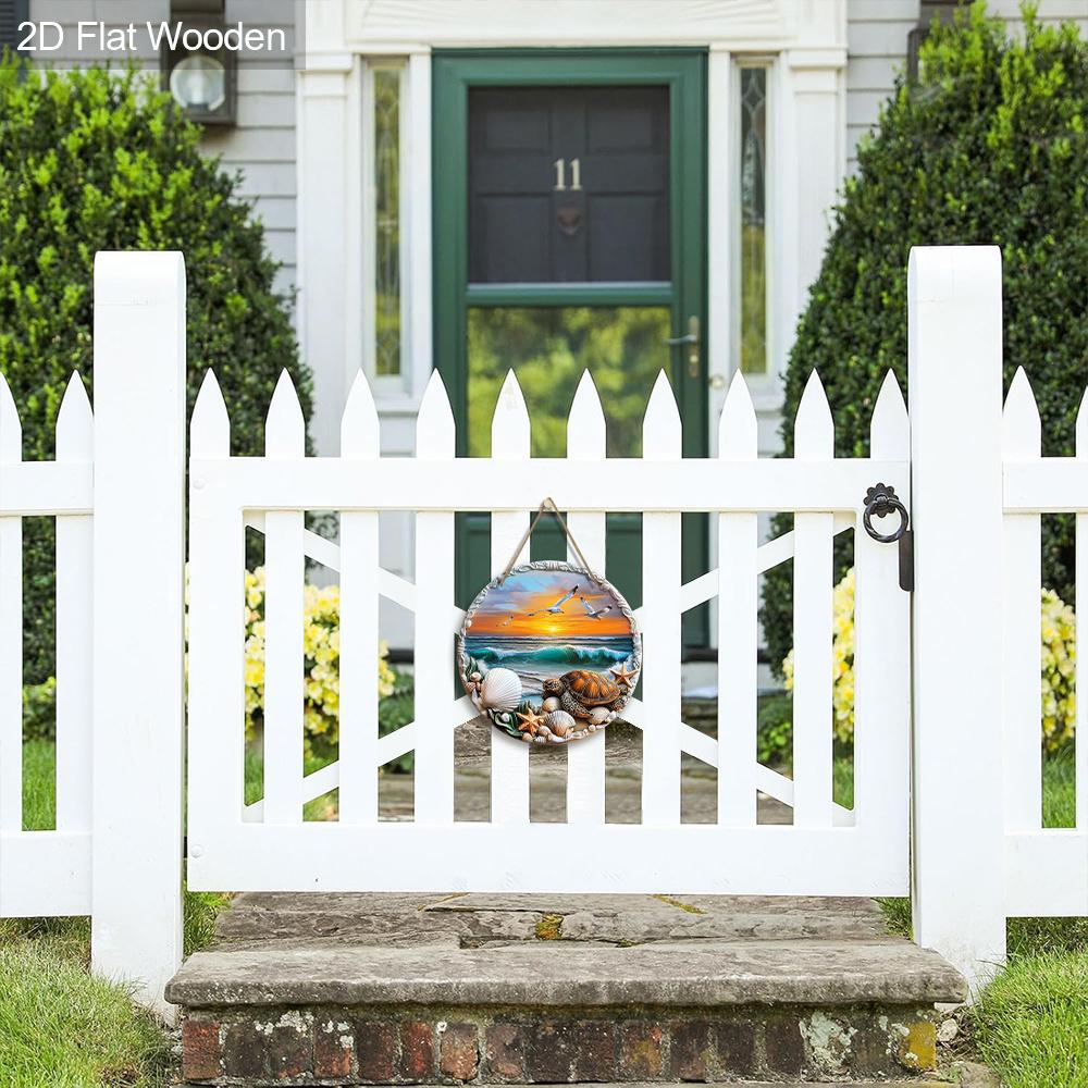 Wooden Sign with Sunshine Beach Turtle Pattern - Unique Seaside Scenery Round Sign for Front Door, Wall Decor - Ideal Home Hanging Ornament