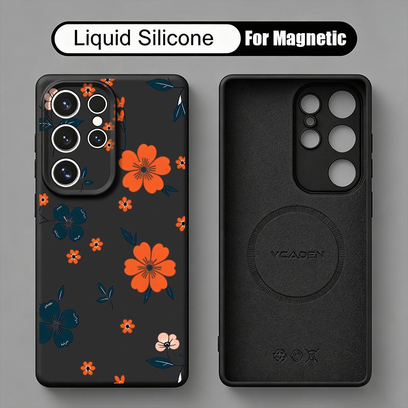 Cartoon Flowers Print Case For Samsung Galaxy S26 S25 Ultra S24 Plus S23 S22 Ultra Magnetic For Magsafe Liquid Silicone Cover