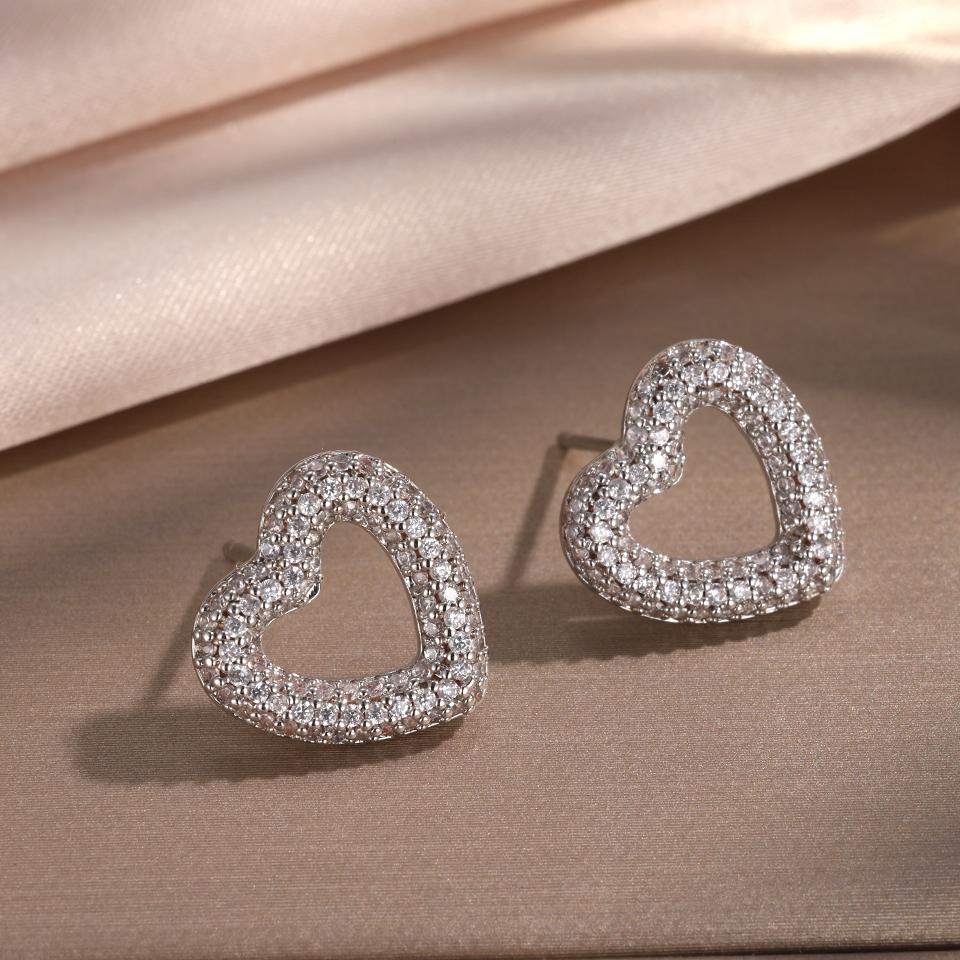 ZAKOL Loving Heart Zirconia Stud Earrings For Women Girls Copper Color Metal Crystal Ears Accessories Wedding Zircon Gifts