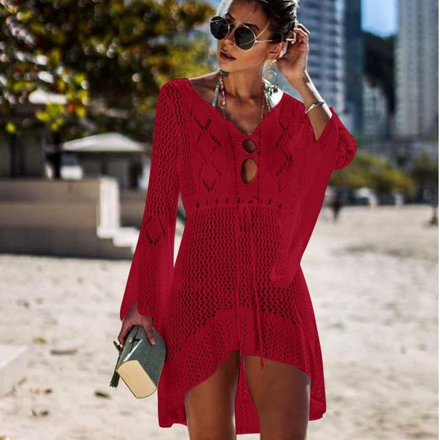

New Hollow Knit Sweater Women s Summer Bell Sleeve Maxi Dress Beach Sun Protection Clothing One Size червоний