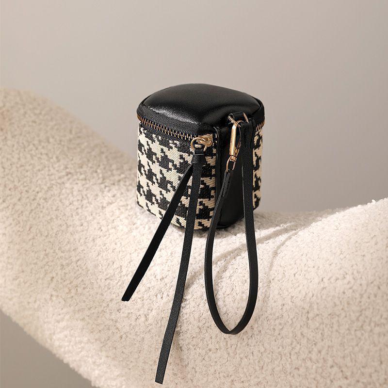 Houndstooth Leather Clutch: Mini Zipper Coin Purse & Red Makeup Bag