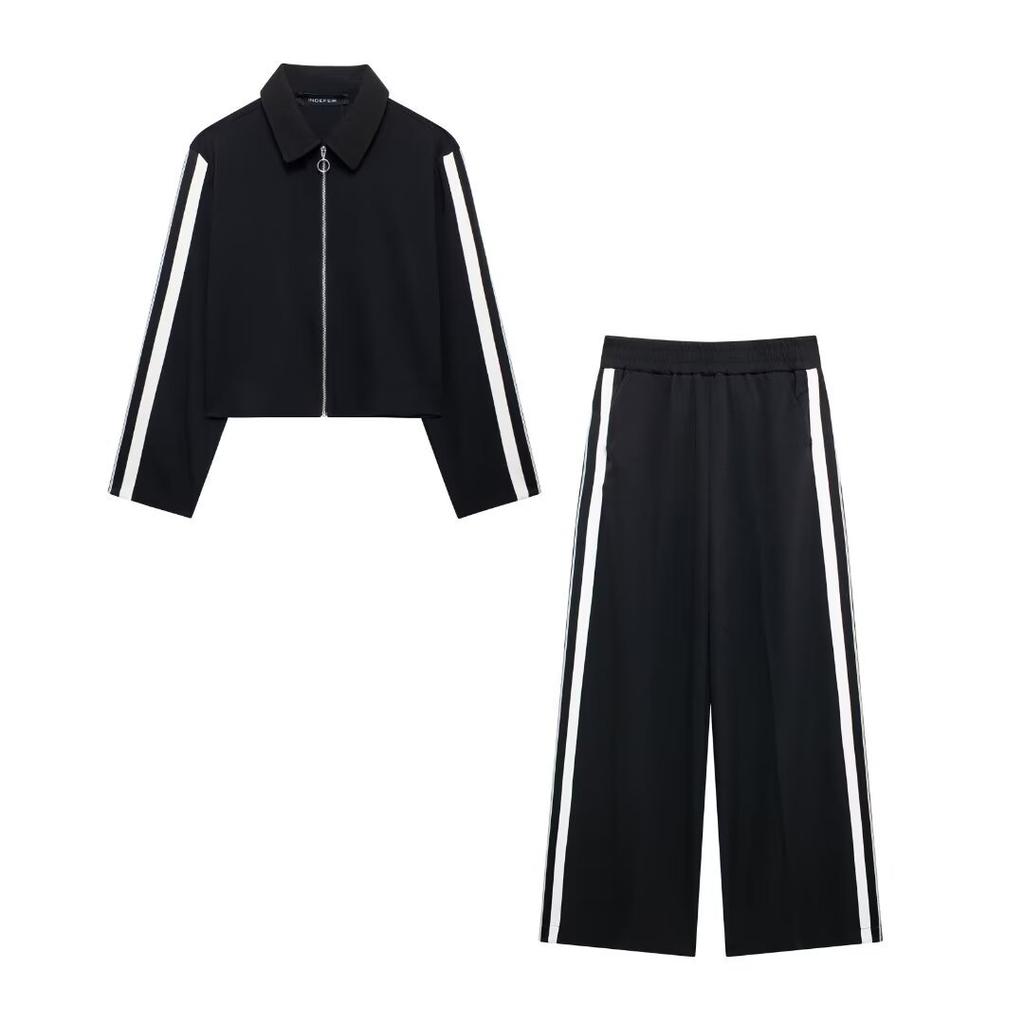 Women Casual Black Trousers Suits Sports Short Jacket Vinatge Black White Patchwork Baggy Pants Street