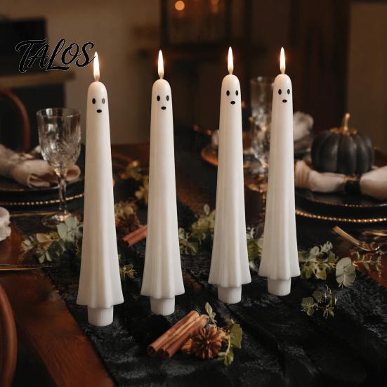 Spooky Home Decoration for Halloween Ghost Flameless Taper Candles, Battery Operated Flickering Candle Light with Powered Lamps Remote, Real