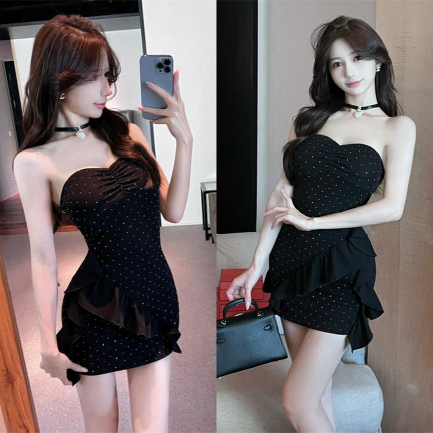 Pure desire design beads one-word shoulder tube top, waist and thin irregular short hip skirt women's autumn