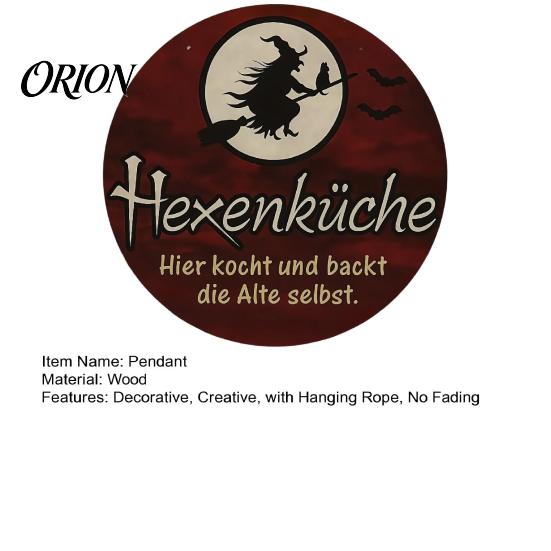 Indoor Halloween Wall Ornament Wooden Hanging Sign, Round Pendant for Front Door Decor, Full German Text Witch Sign Moon Bat Design Retro Holiday