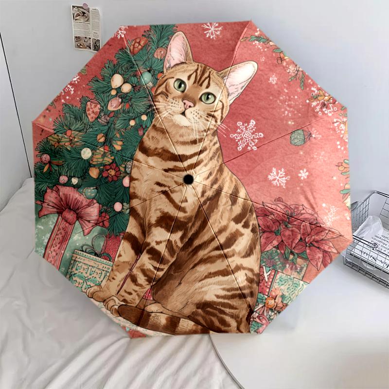 Weihnachtskatze, automatischer Regenschirm, tragbares und faltbares Design, 8 Schirmstäbe, ein Weihnachts- oder Geburtstagsgeschenk.