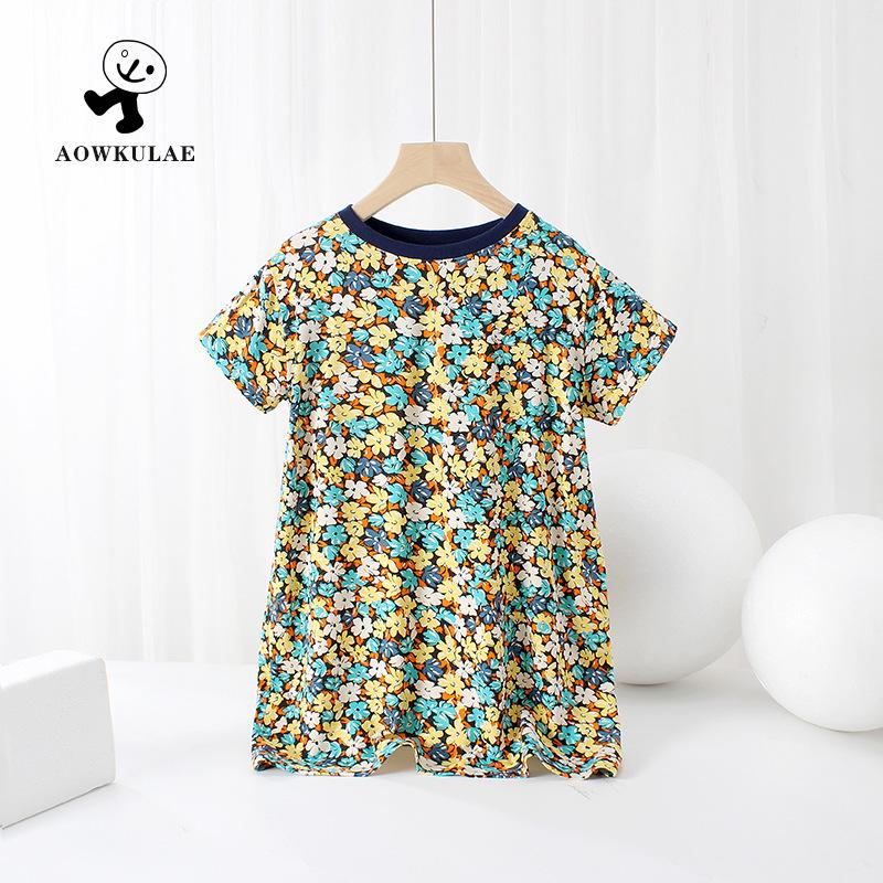Summer Korean Floral Short-Sleeve Dresses for Girls: Middle To Large Sizes