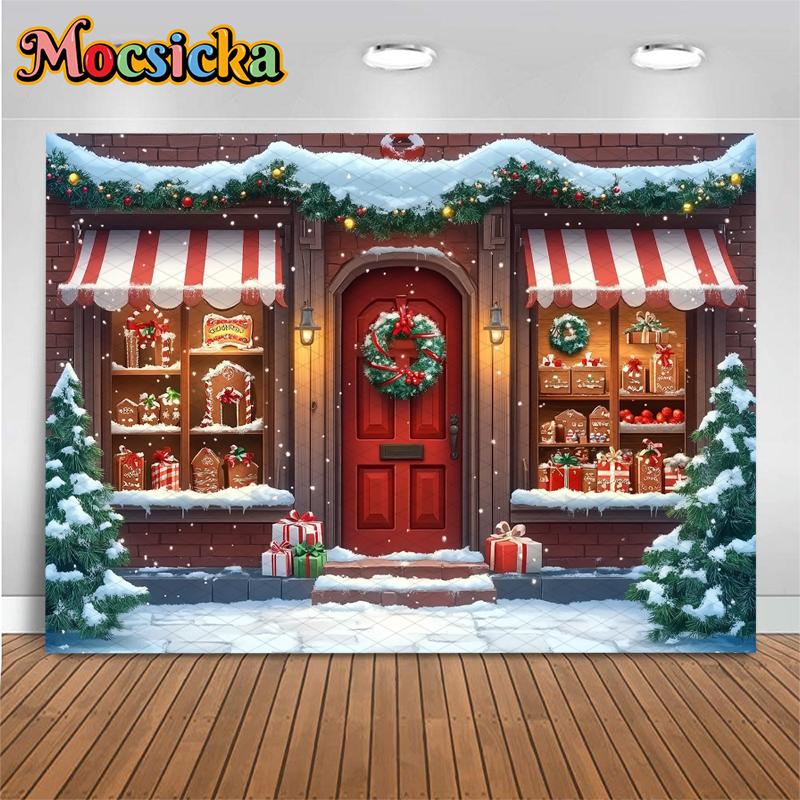 Mocsicka Christmas House Backdrop Winter Snow New Year Party Wallpaper Tree Gift Shop Decoration Festival Photography Background