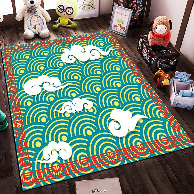 Cloud Pattern with Geometric Waves Non-slip rug suitable for living room and bedroom sofas