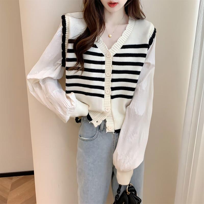 

Tangshi Women s Striped V-Neck Knit Cardigan M