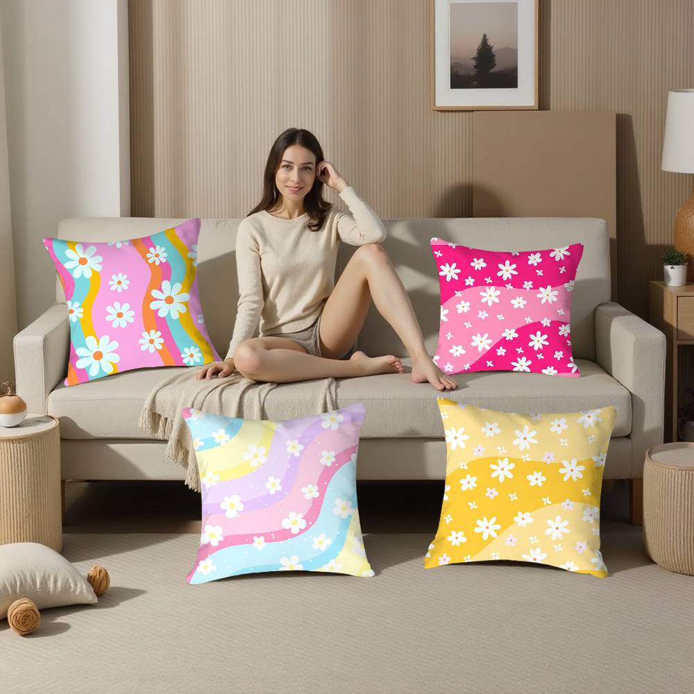 Home Decor Colorful Daisy Wave Pattern Pillow Covers Pattern Cushion Cover Suitable for Sofa Bedroom Car Pillow Cover