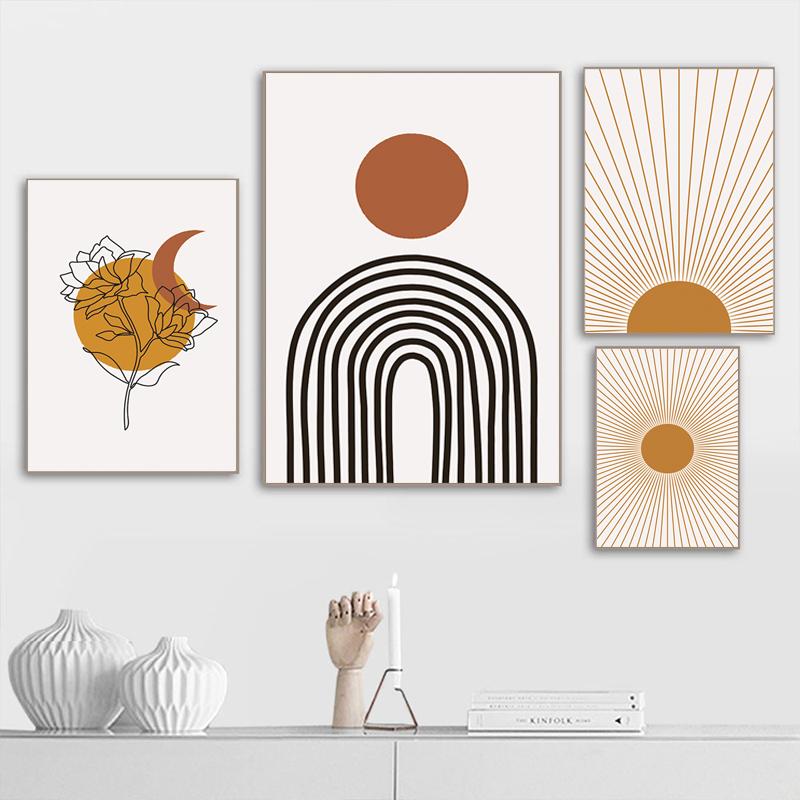 Boho Art Prints Abstract Poster Plant Line Drawing Wall Art Sun Moon Canvas Painting Burnt Orange Living Room Wall Decoration