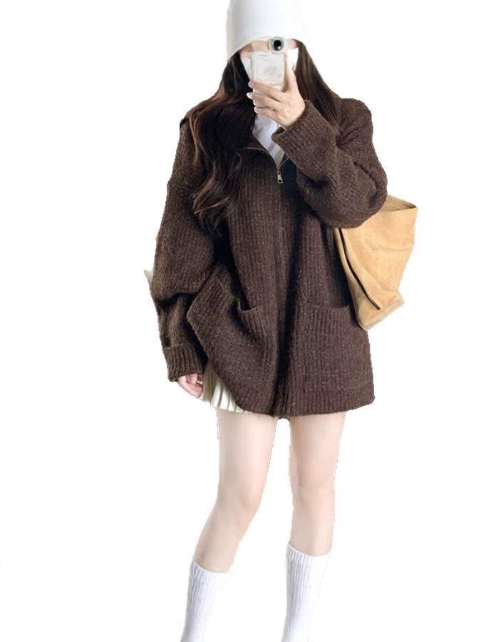 2026 Plus Size Women's Autumn Hooded Knit Sweater: Casual Long Sleeve, Loose Fit, Slimming Zipper Top