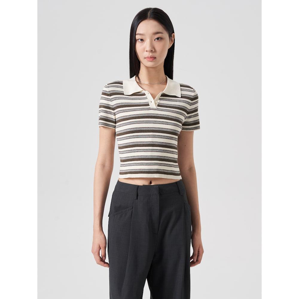 8Seconds Striped Collared Neck Short Sleeve Pullover Ivory Ivory/S