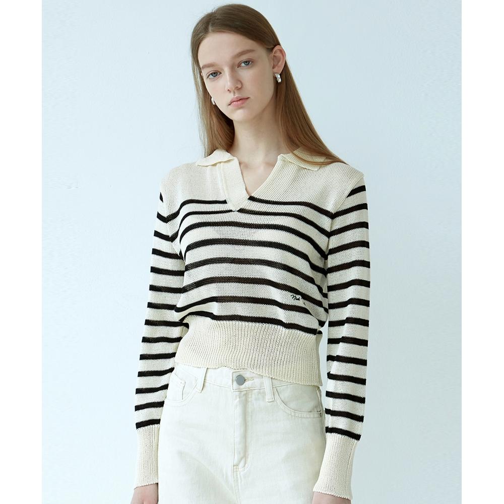 

NICKNICOLE Stripe Open Collar KnitLight Beige