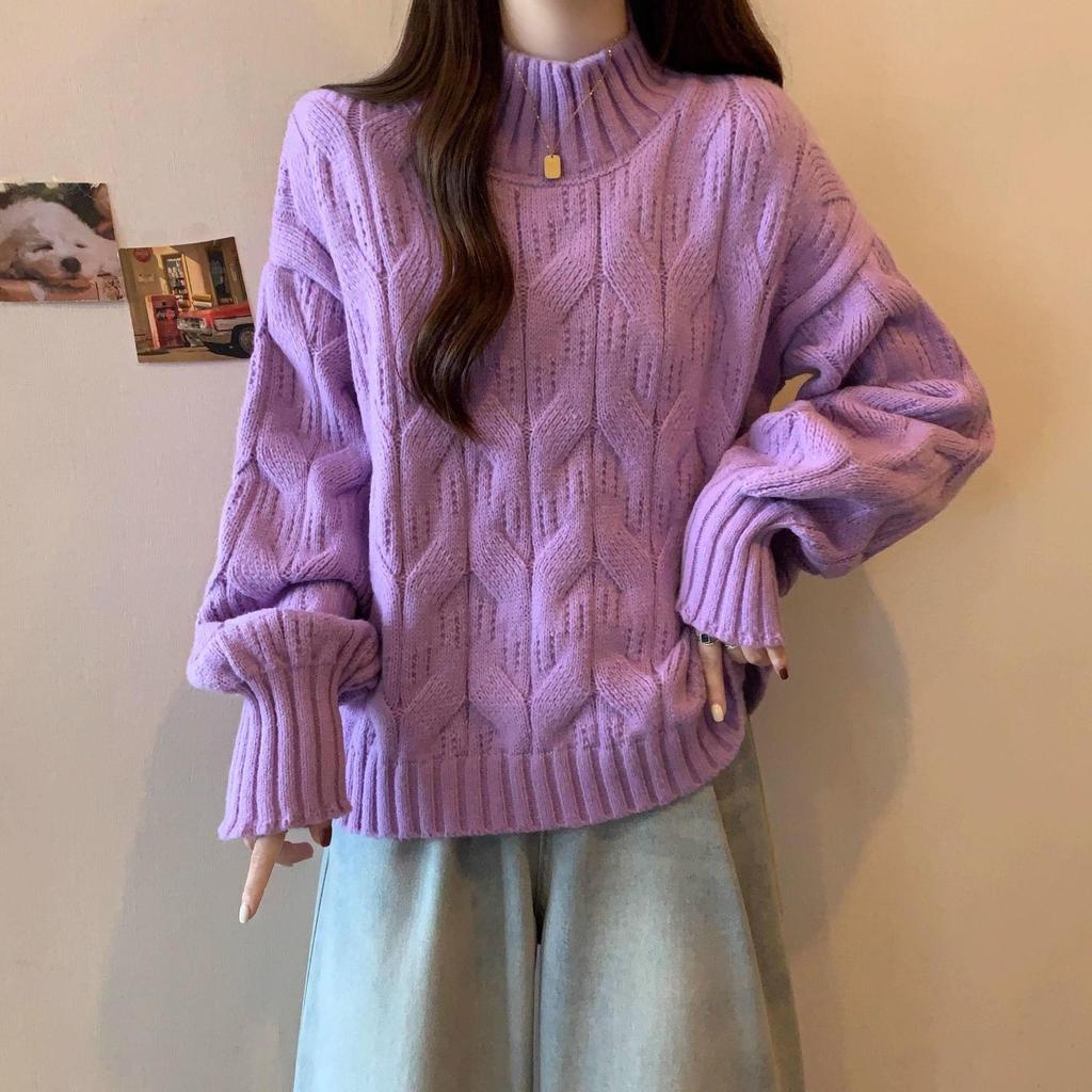 Plus Size Women's Winter Fluffy Cable Knit Sweater, Slimming Thick Half-High Neck Top