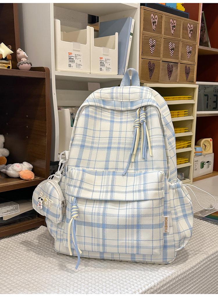 Schoolbag Soft Mist Milk Blues Healing Textured Plaid Middle School Backpack Women's Milk Huhu Sweet Soft Sister Travel Small Backpack